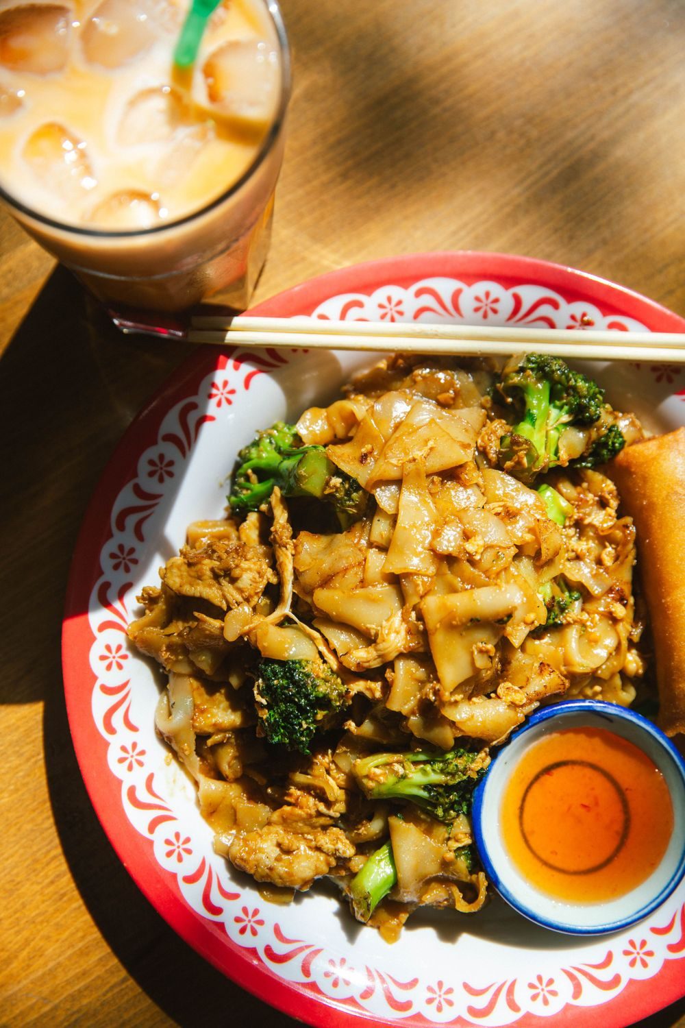 Noodle dish on a patterned plate